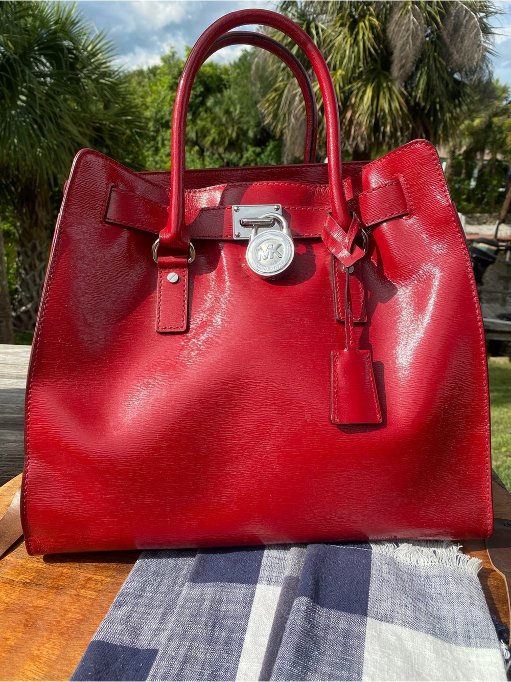 Michael Kors Large Red Saffiano Satchel with Silver Hardware